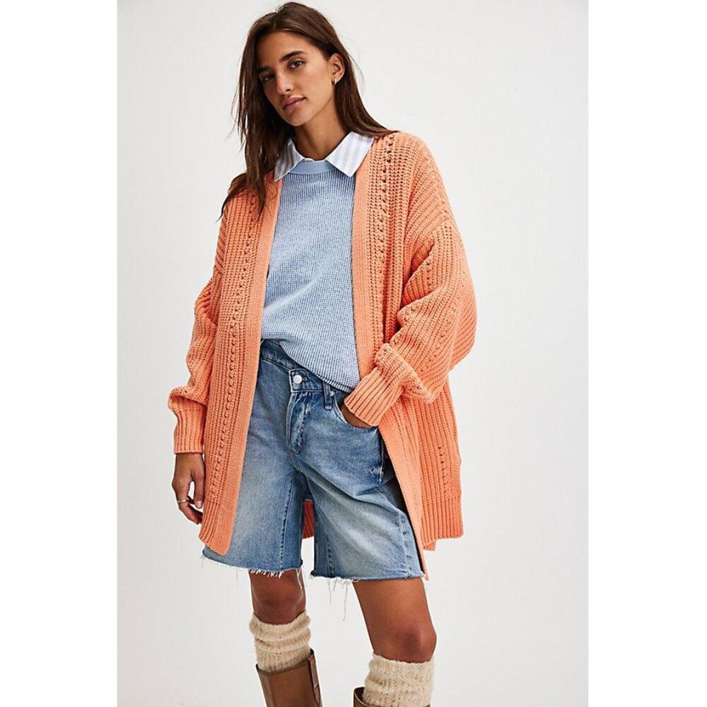 Free People Nightingale Cotton Cardigan in Shell Coral